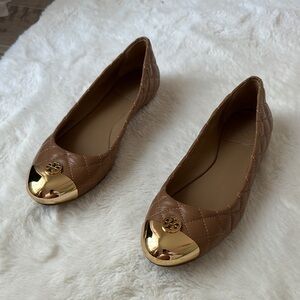 Tory Burch Brown Quilted Flats with Gold Accents